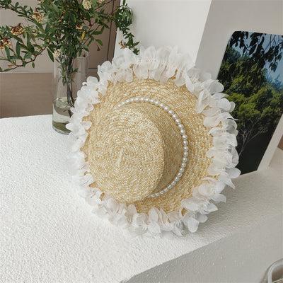 Sombrero de Paja Plano con Encaje de Perlas para Mujer - Image 7