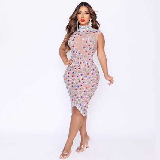 Vestido de Fiesta Largo con Encaje y Cristales Brillantes para Mujer