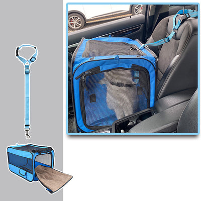 Blue soft-sided pet travel carrier bag with mesh windows, shown assembled and folded flat for storage. - Image 17