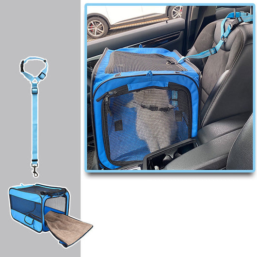 Blue soft-sided pet travel carrier bag with mesh windows, shown assembled and folded flat for storage. - Image 17