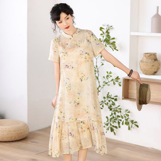 Vestido Cheongsam Literario Mejorado con Cuello Mao y Estampado para Mujer