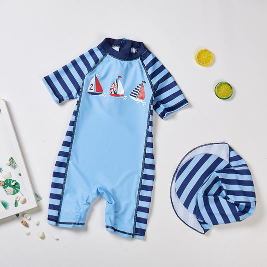 Traje de Baño Infantil a Rayas Azul Marino de Secado Rápido para Niño