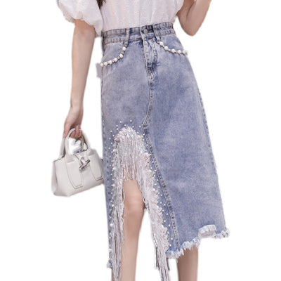 Falda Denim Irregular con Lentejuelas, Flecos y Abertura Alta - Image 10