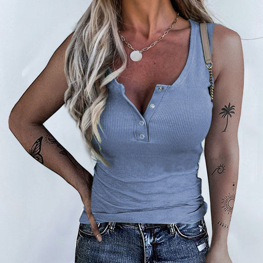 Blusa Ajustada sin Mangas con Botones - Estilo Europeo y Americano - Image 13