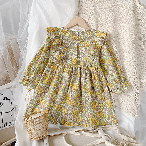 Vestido Infantil Floral Manga Larga Estilo Pastoral