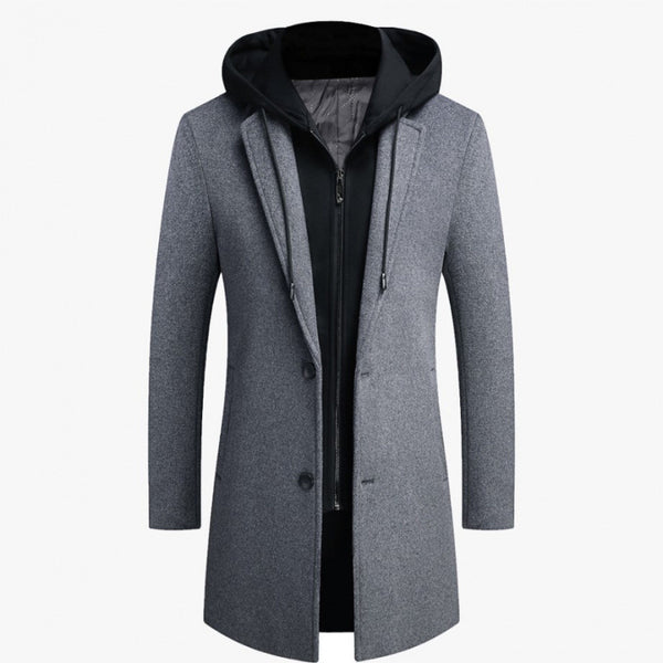 Abrigo de Lana Casual para Hombre con Gorro Desmontable