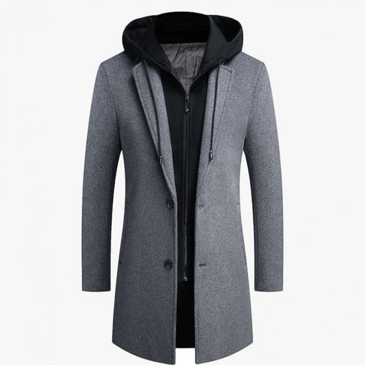 Abrigo de Lana Casual para Hombre con Gorro Desmontable