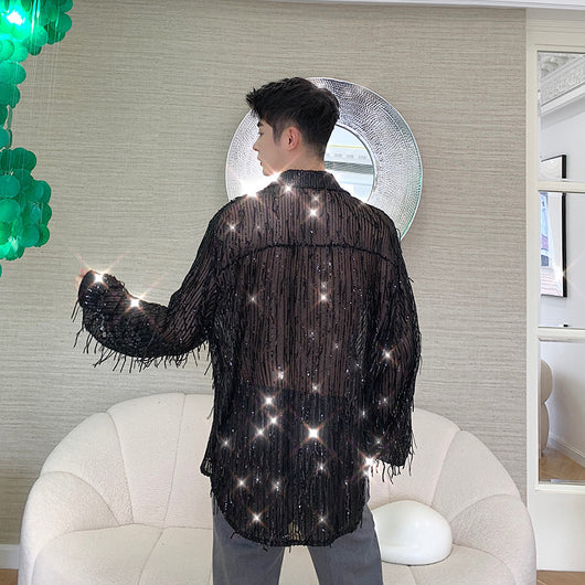 Camisa de Malla Brillante con Flecos y Lentejuelas para Hombre - Image 9