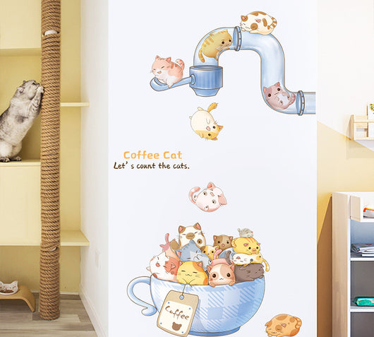 Cartoon cat wall sticker featuring multiple playful cats, one reaching for a fish, with "I LOVE FISH" text. - Image 13