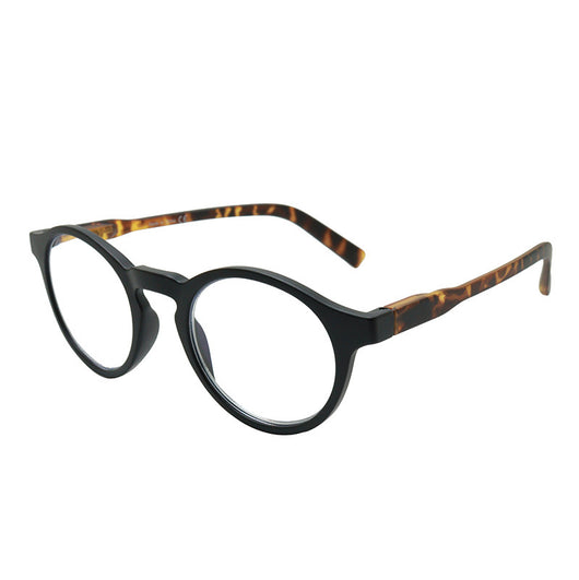 Round full-frame reading glasses with brown and clear striped pattern, featuring anti-blue light lenses. - Image 6