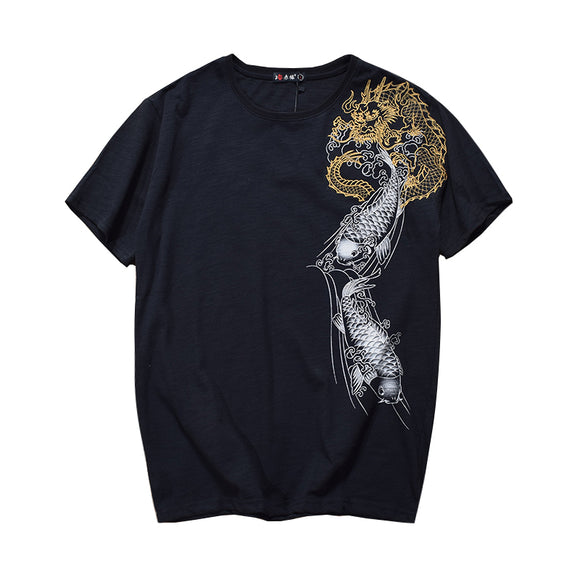 Camiseta Manga Corta Dragon Bordado Estilo Ukiyo-e