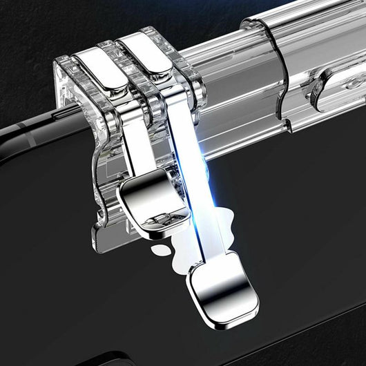 Silver mobile game trigger attached to a black smartphone, enhancing control for faster gaming. - Image 11