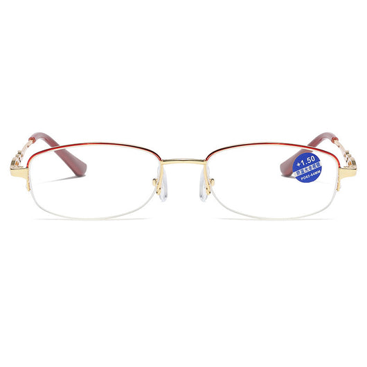 Gold half-rim anti-blue light reading glasses with red decorative temples and +1.50 magnification. - Image 5