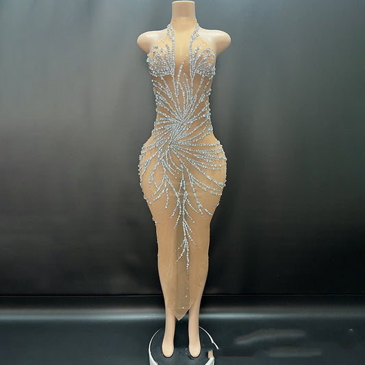Vestido de Noche Gasa Cristal Brillante para Anfitriona