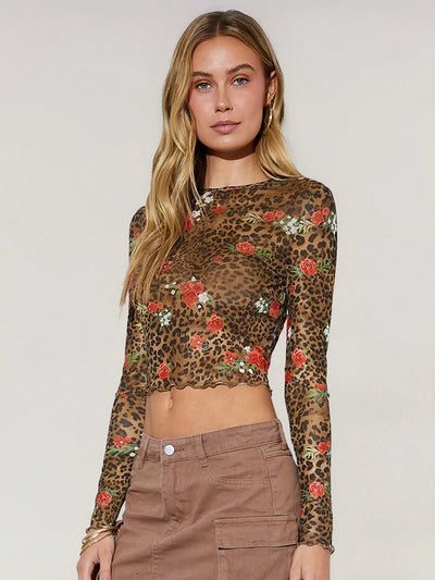 Blusa Estampado Leopardo y Flores Malla Cuello Redondo Manga Larga - Image 10