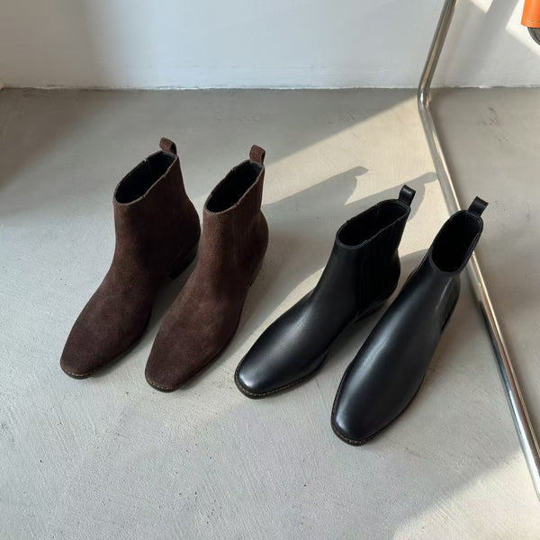 Botas Tobilleras Estilo Francés en Cuero Genuino con Punta Cuadrada y Tacón Robusto