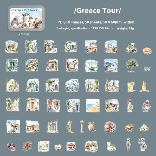 Set of 50 PET stickers featuring watercolor illustrations of a Greece tour, including buildings, landscapes, and food. - Image 9