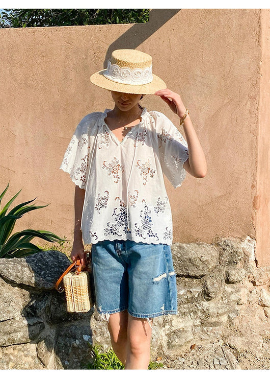 Blusa Blanca Estilo Francés con Encaje Bordado y Manga Corta - Image 17