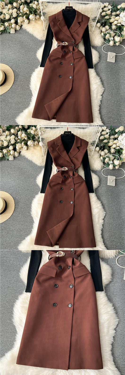Conjunto Ejecutivo Retro Doble Botonadura - Blusa Tejida y Falda/Pantalón - Image 12