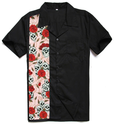 Camisa Retro de Manga Corta con Estampado Calavera y Parches para Hombre