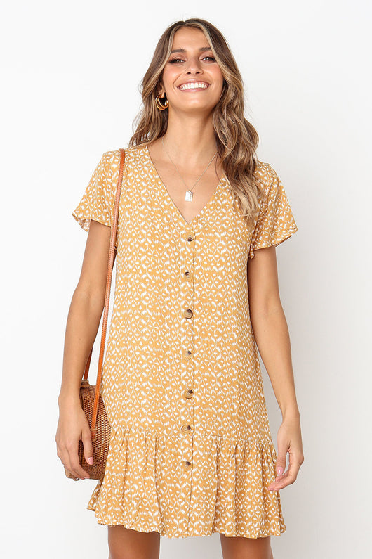 Vestido Estampado con Escote V y Botones de Manga Corta - Image 4