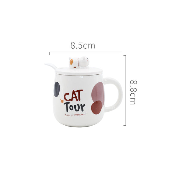 Taza de Cerámica Gato Kawaii con Tapa y Cuchara para Café