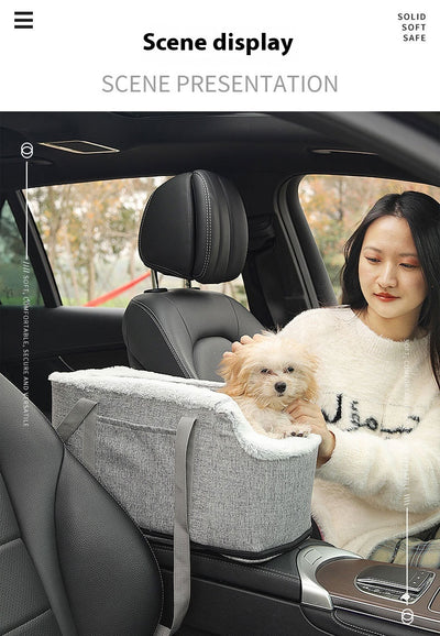Grey pet car seat with plush white lining, designed for small dogs or cats, placed on a car's center console. - Image 13
