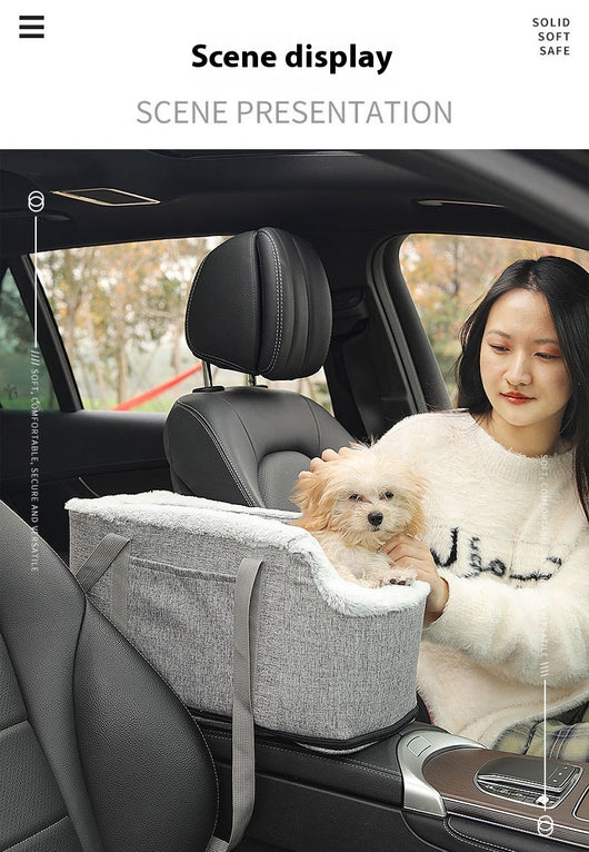 Grey pet car seat with plush white lining, designed for small dogs or cats, placed on a car's center console. - Image 13