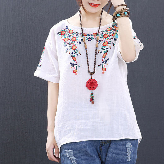 Blusa Étnica de Algodón con Bordado Cuello Redondo Manga Corta para Mujer