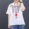 Blusa Étnica de Algodón con Bordado Cuello Redondo Manga Corta para Mujer