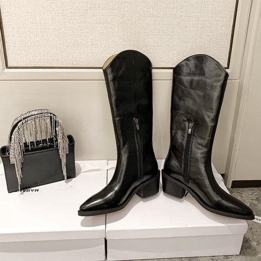 Botas Vaqueras de Cuero con Tacón Grueso, Punta Afilada y Caña Alta - Image 2