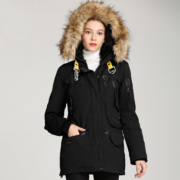 Abrigo Acolchado Largo de Invierno con Cuello de Pelaje Extragrande