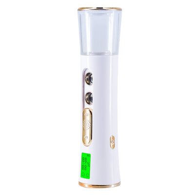 White and rose gold double-spraying nano mist sprayer with a clear reservoir, next to its product box and USB cable. - Image 11
