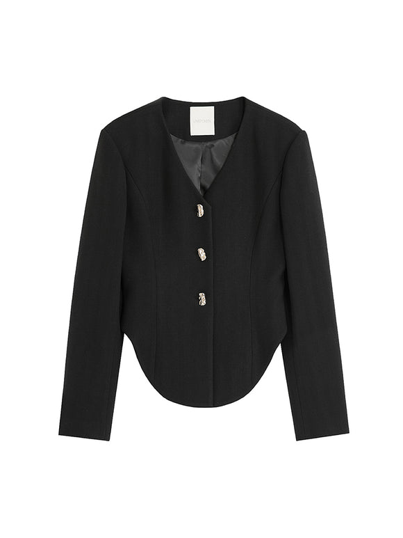 Blazer Cropped Negro con Hombreras Estilizadas