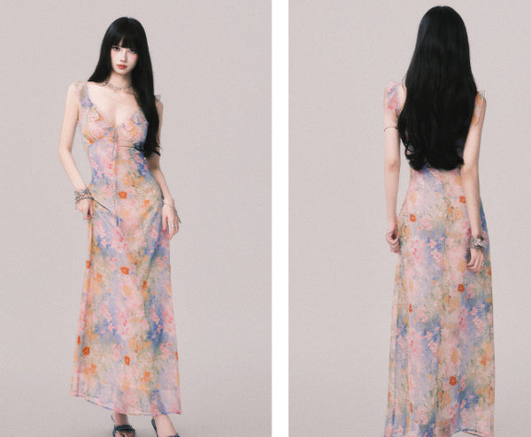 Vestido Largo Escote V Flores con Tirantes - Estilo Playa Vacacional