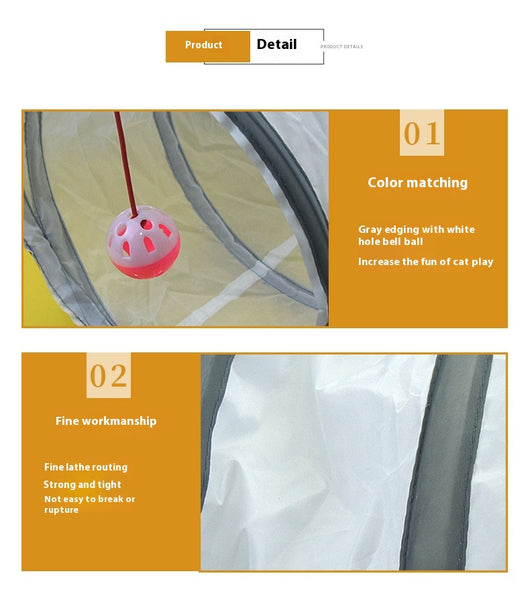 White cat tunnel with dark grey trim, featuring a red and pink hanging toy, measuring 25cm by 50cm. - Image 23
