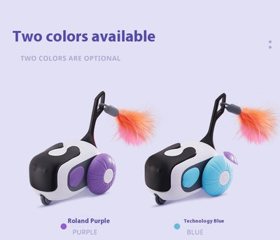 White and black remote control cat toy car with purple wheels and an orange feather, next to a white cat-shaped remote. - Image 17