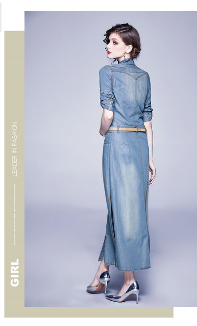 Vestido Denim Tencel Azul Slim con Solapa y Detalles de Abertura - Image 10