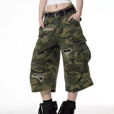 Pantalones Cortos Cargo Camuflaje Rotos con Parches Retro para Mujer - Image 8
