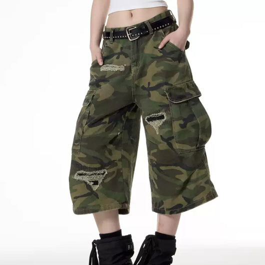 Pantalones Cortos Cargo Camuflaje Rotos con Parches Retro para Mujer - Image 8