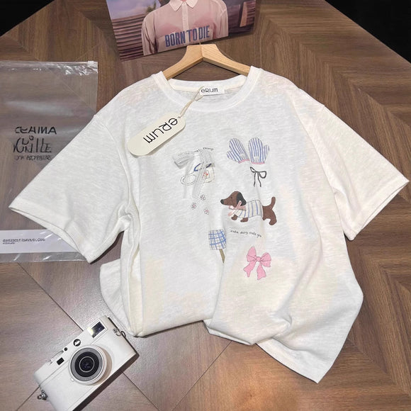 Camiseta Suelta con Estampado de Lazos de Algodón Puro