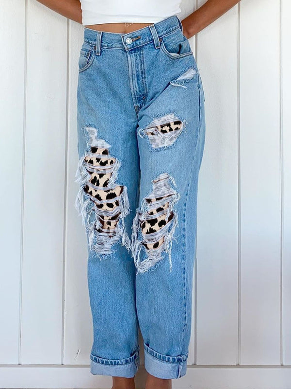 Jeans Ajustados con Estampado de Leopardo y Rotos Modernos