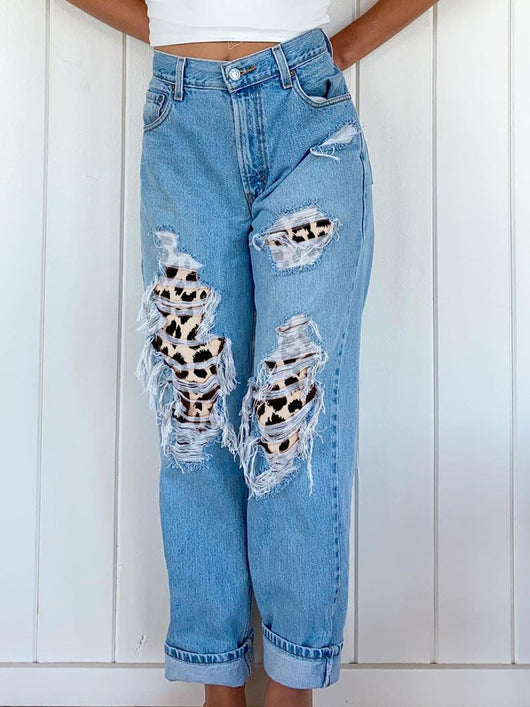 Jeans Ajustados con Estampado de Leopardo y Rotos Modernos