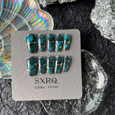 Uñas Postizas Diseño Gato Ojos de Gato Cielo Estrellado Azul con Removedor UV