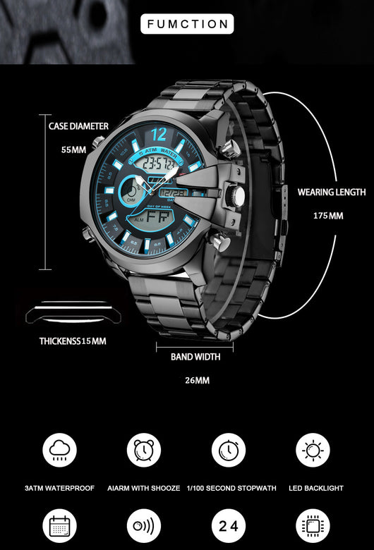 Reloj Deportivo de Acero Inoxidable Dual con Alarma LED Resistente al Agua - Image 17