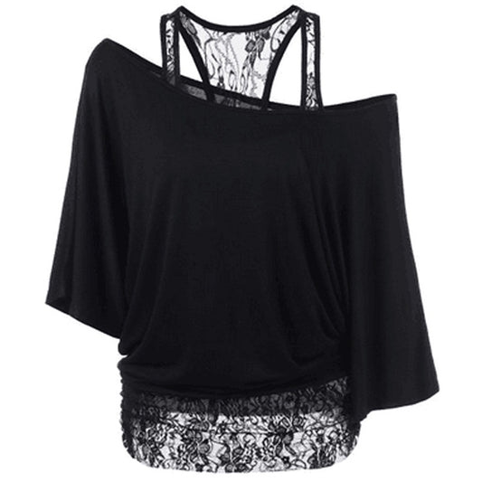 Blusa Chaleco de Encaje con Cuello Diagonal y Mangas Murciélago