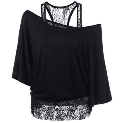 Blusa Chaleco de Encaje con Cuello Diagonal y Mangas Murciélago