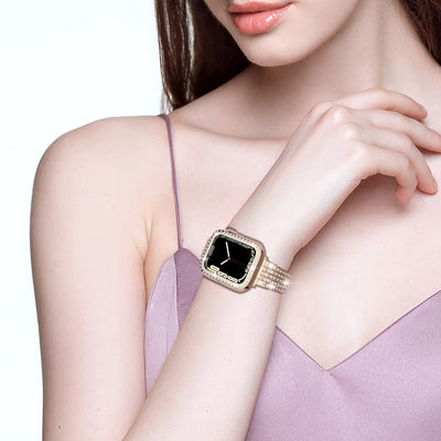 Pulsera de Reloj Metal con Diamantes y Cinco Cuentas Decorativas