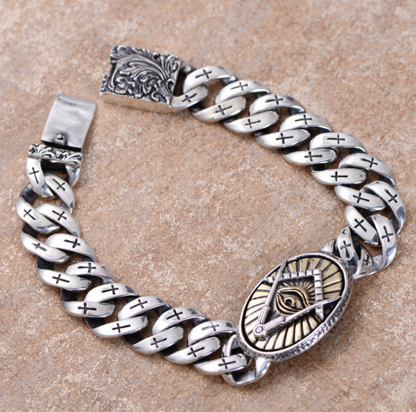 Pulsera de Plata 925 Ojo de Dios con Fénix Vintage y Cruz - Diseño Punk Masculino