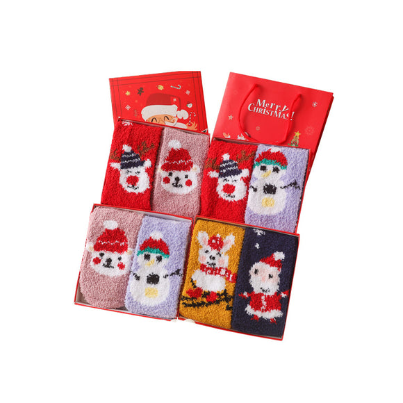Calcetines Navideños Infantiles de Terciopelo Coral sin Pelusas con Diseño de Reno